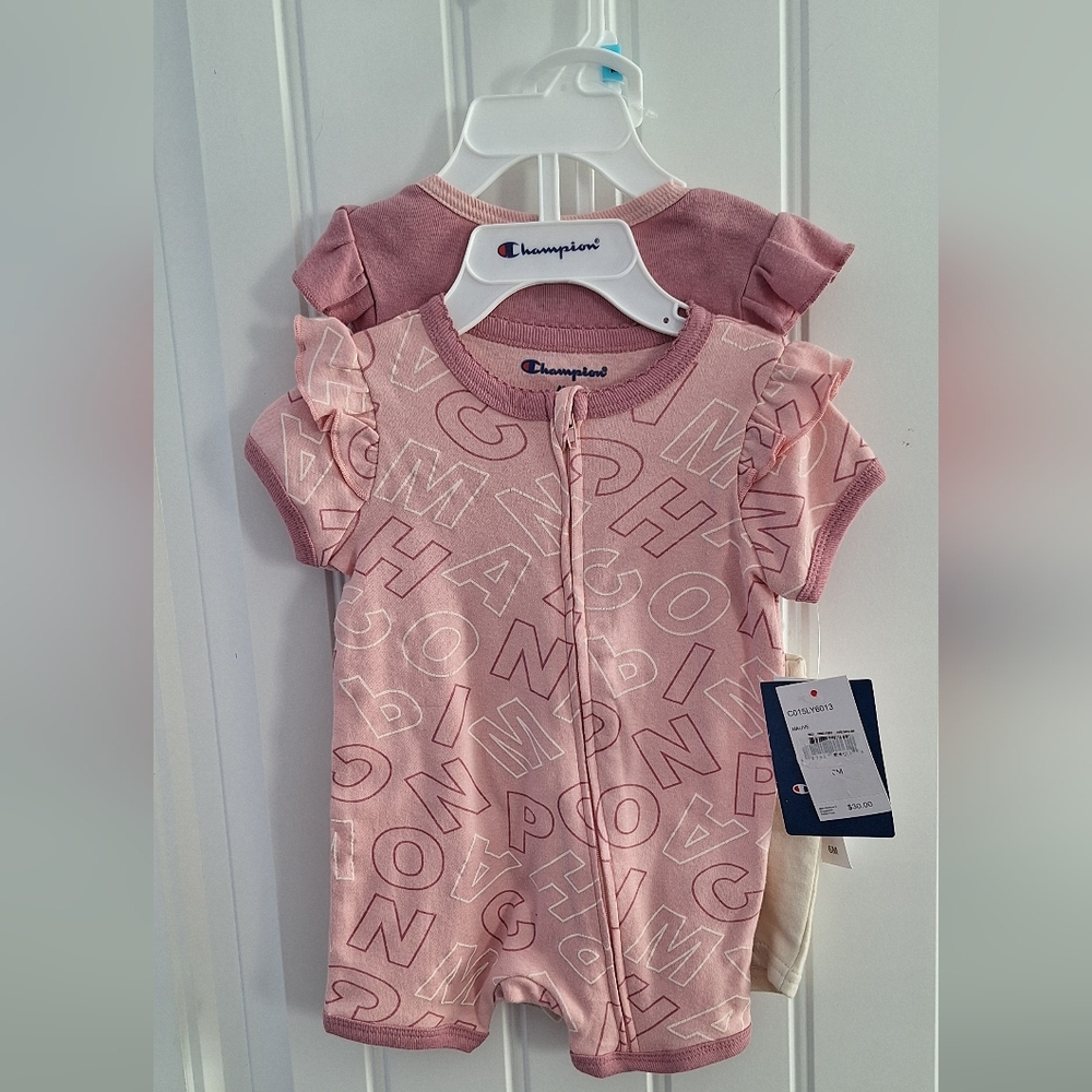 NWT Champion Baby Girl 3 Piece Set Pink Ivory Shorts Undershirt Romper Size 6 mo
